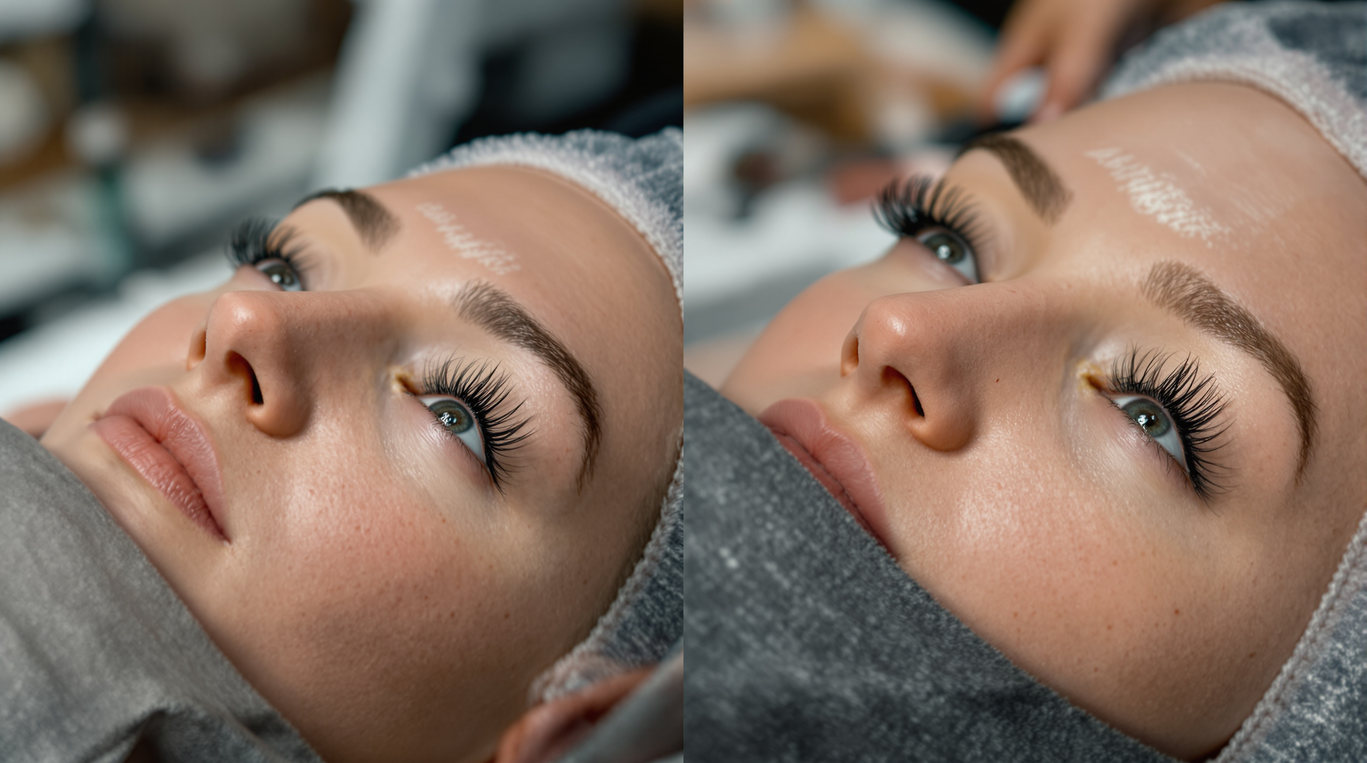 lifting de pestañas - Before and after comparison photography of eyelash lift results on real client, showing dramatic c